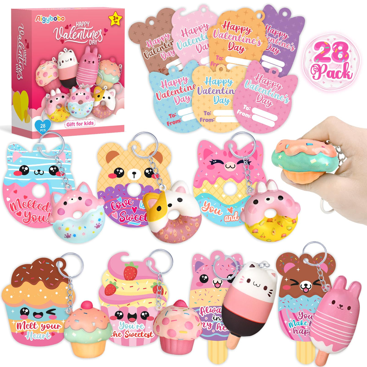 Valentine's Day Cards with Squishy Toy Keychains – 28-Pack Classroom Set