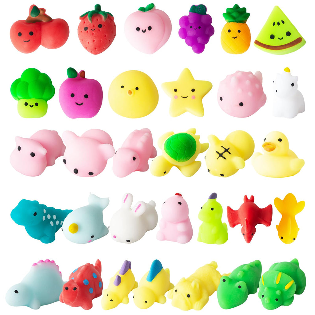 Mixed Fruit, Dinosaur & Animal Mochi Squishies – 32-Pack with Storage Box