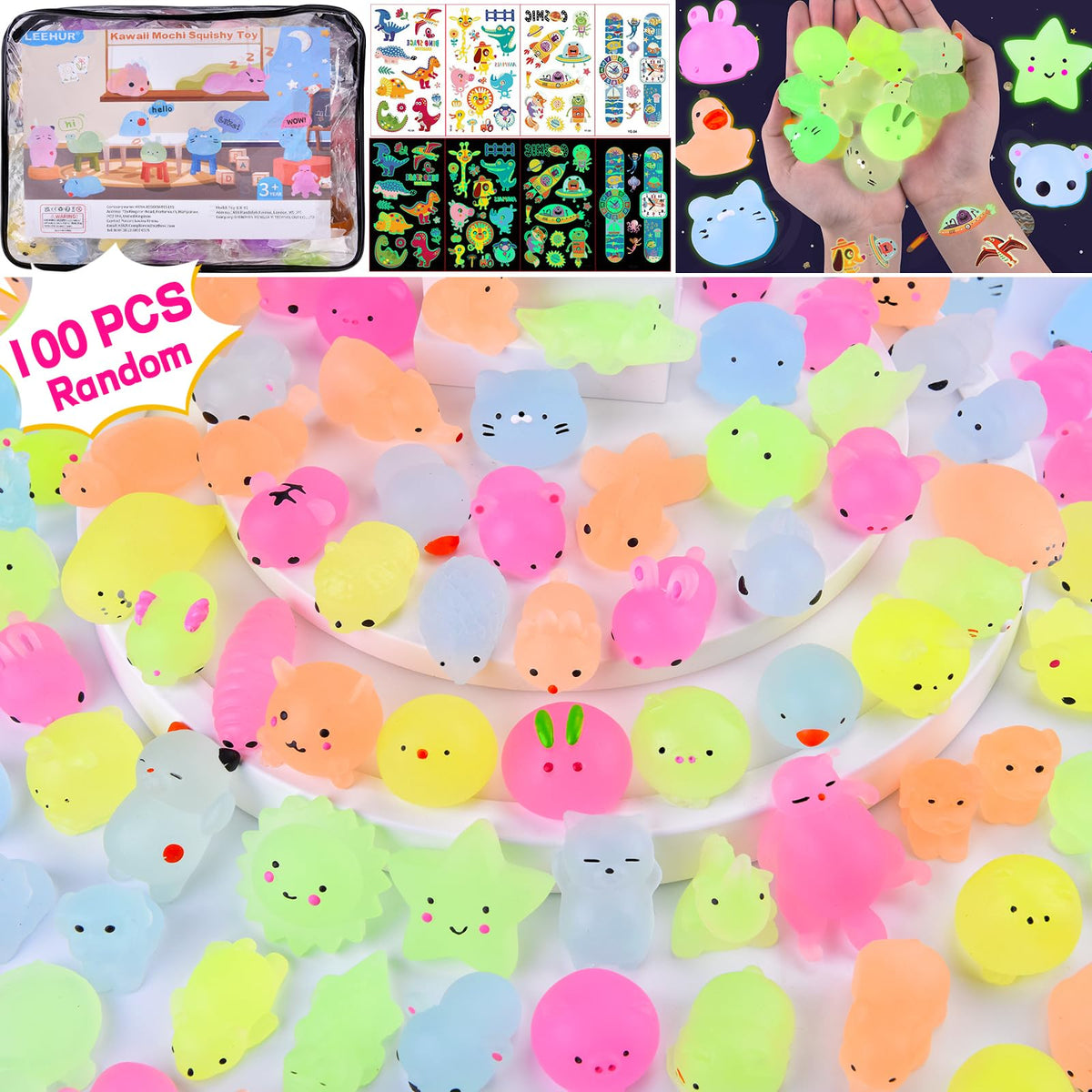 Glow in the Dark Mochi Squishies – 100-Pack Party Favors
