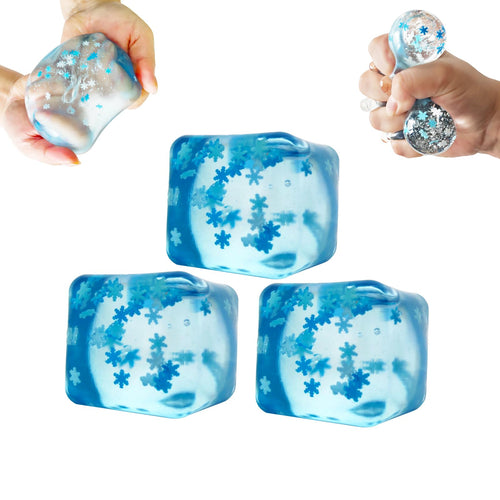 Blue Ice Cube Squishy Stress Balls with Snowflakes – 3-Pack