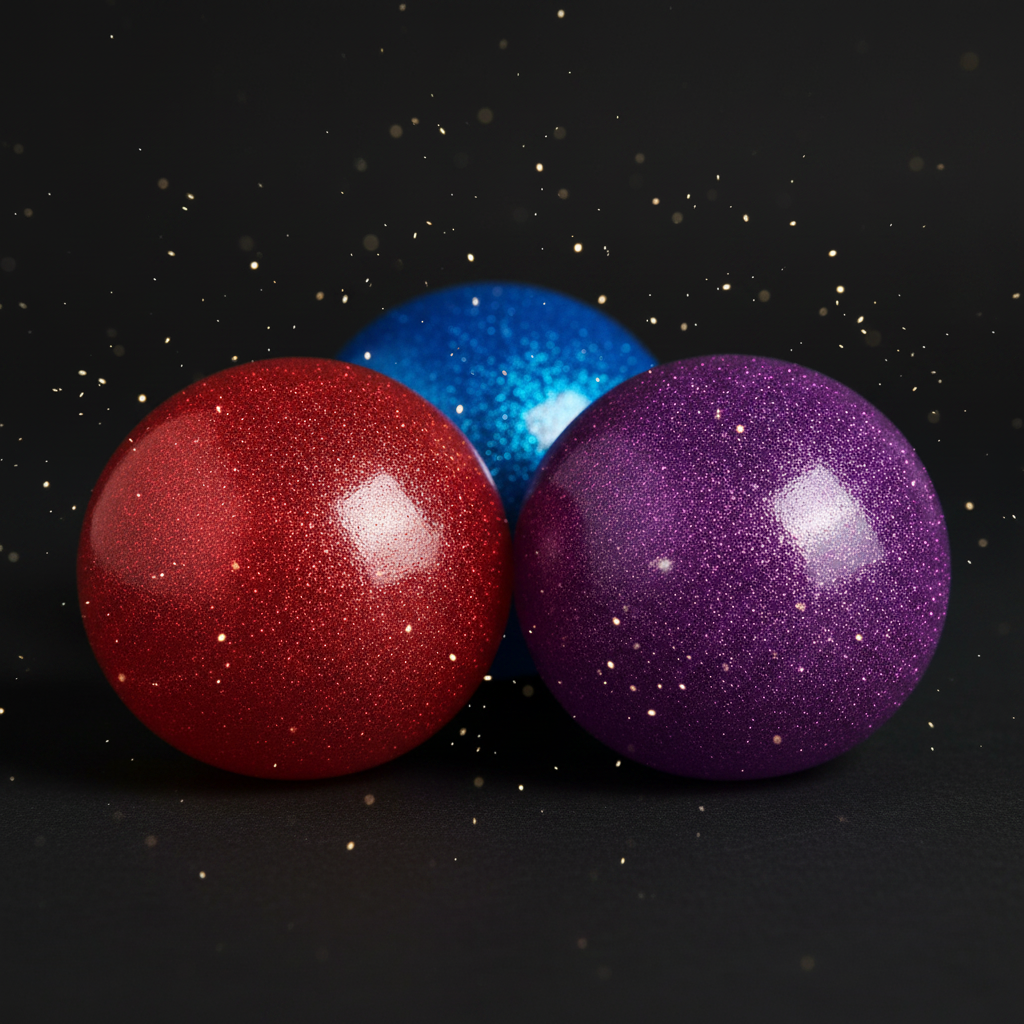 Three large shimmery glitter stress balls in blue, red, and purple