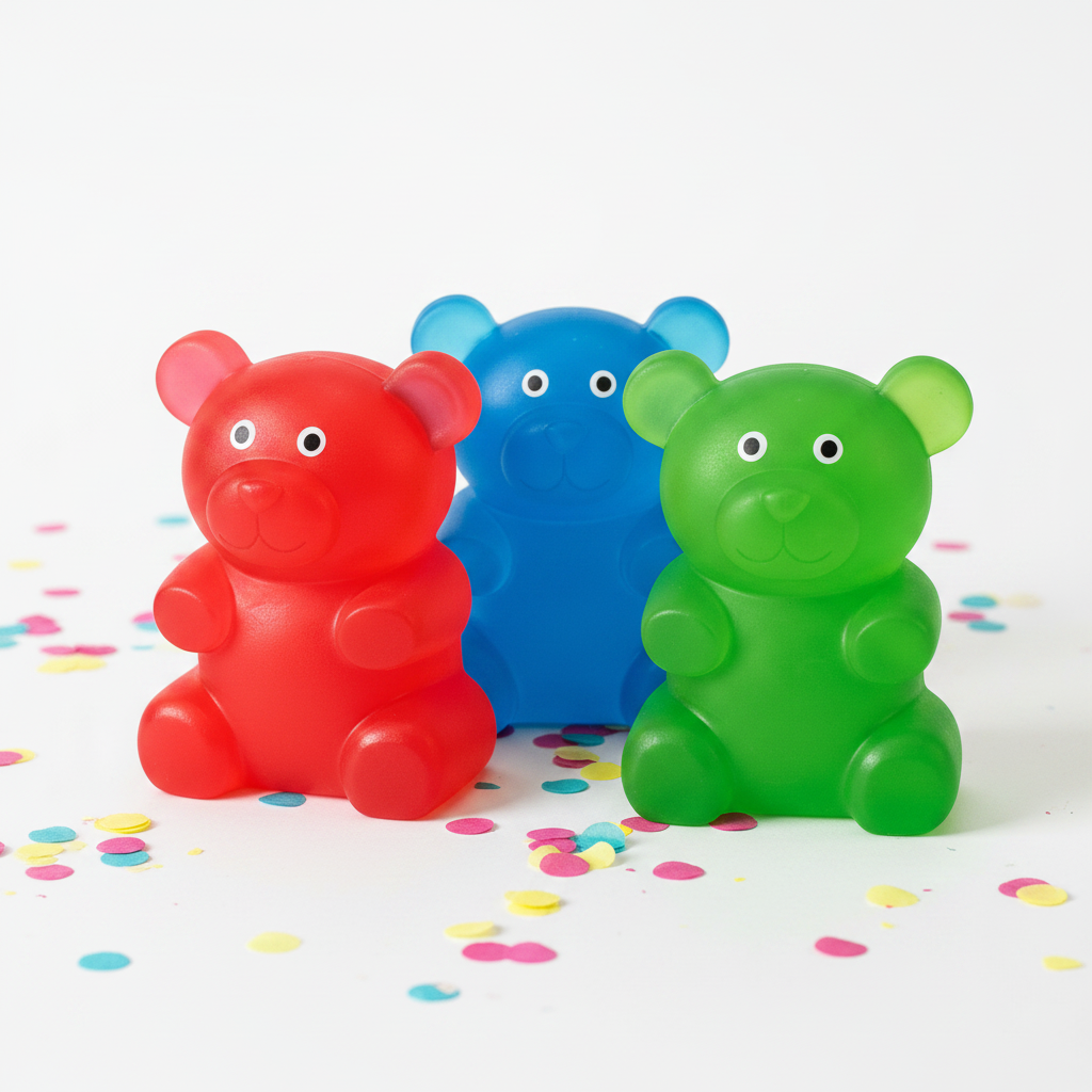 Three jumbo gummy bear squishy toys in red, blue, and green