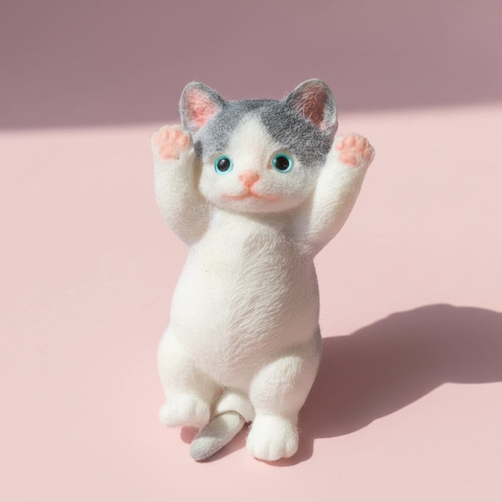 Fluffy white and grey cat squishy toy with blue eyes and raised paws on pastel pink surface