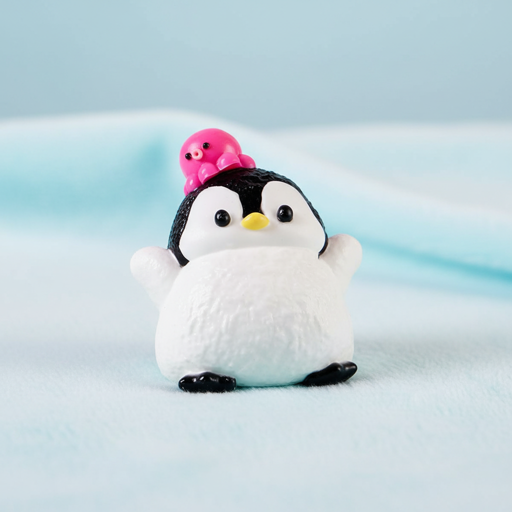 Cute chubby white penguin squishy with tiny pink octopus on its head